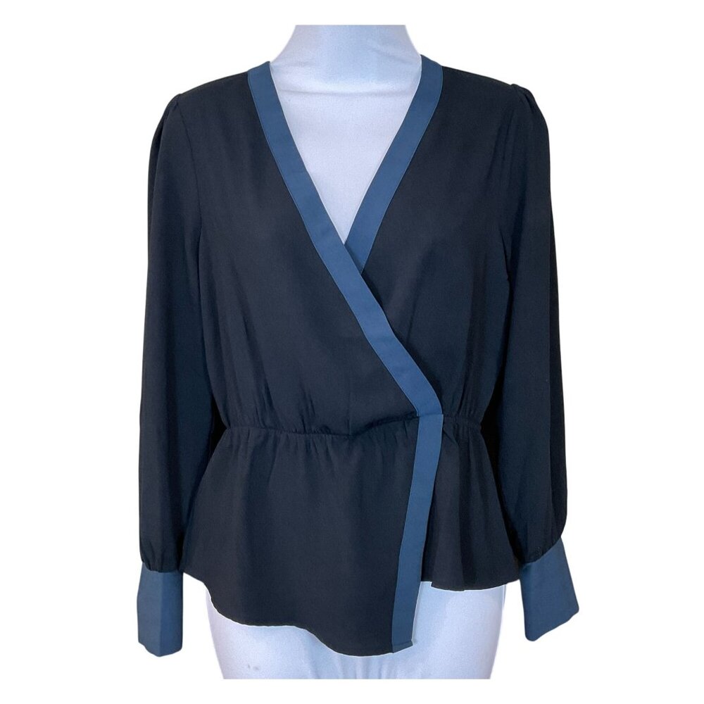 BCBG Max Azria Asymmetrical Long Sleeve Gathered Waist Faux Wrap Top XS NWT